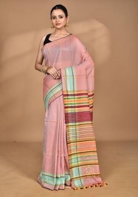 Peach Handloom Pure Cotton Saree Set