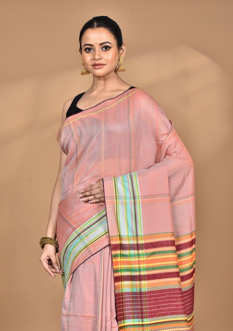 Peach Handloom Pure Cotton Saree Set