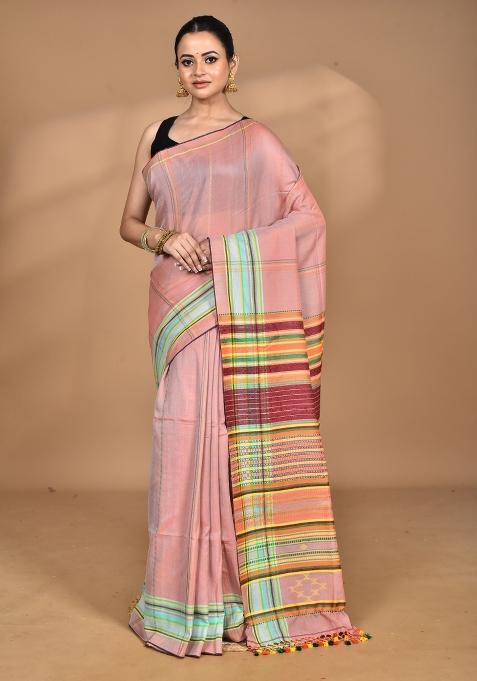 Peach Handloom Pure Cotton Saree Set