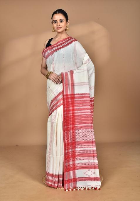 Off White Handloom Pure Cotton Saree Set