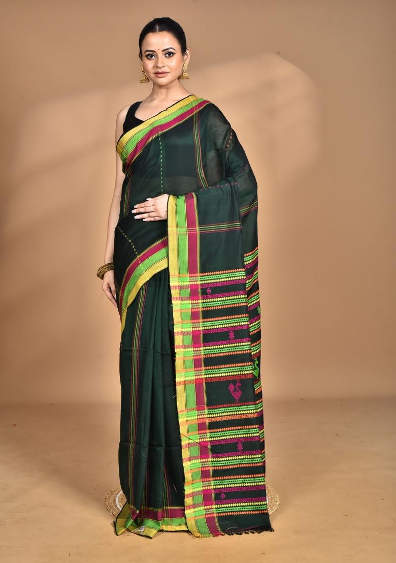 Dark Green Handloom Pure Cotton Saree Set