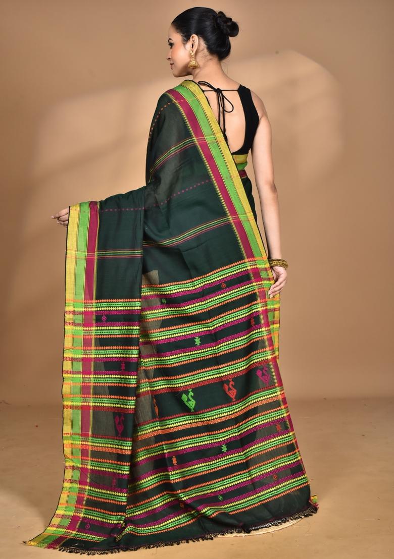 Dark Green Handloom Pure Cotton Saree Set