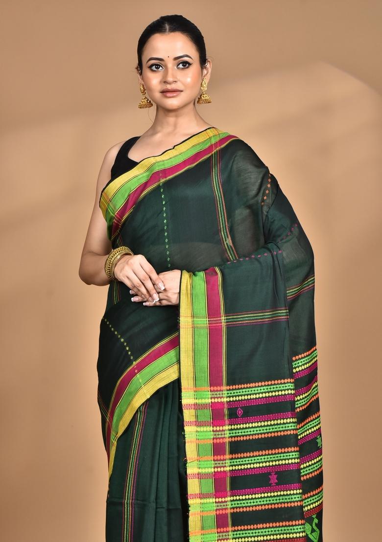 Dark Green Handloom Pure Cotton Saree Set