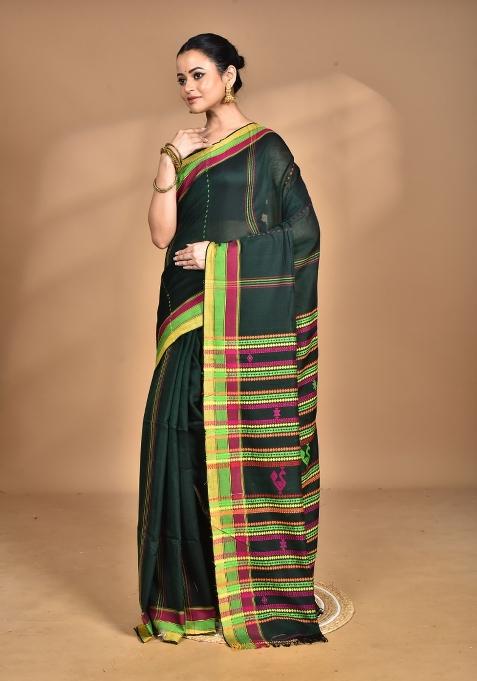 Dark Green Handloom Pure Cotton Saree Set
