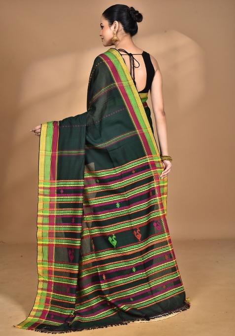 Dark Green Handloom Pure Cotton Saree Set