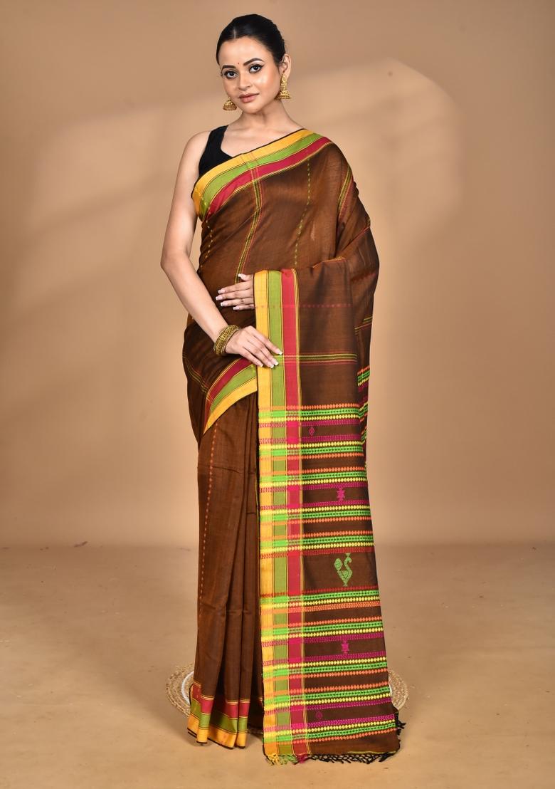Brown Handloom Pure Cotton Saree Set