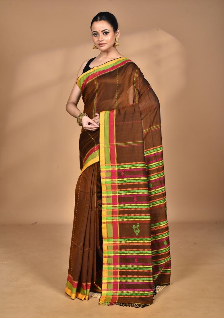 Brown Handloom Pure Cotton Saree Set