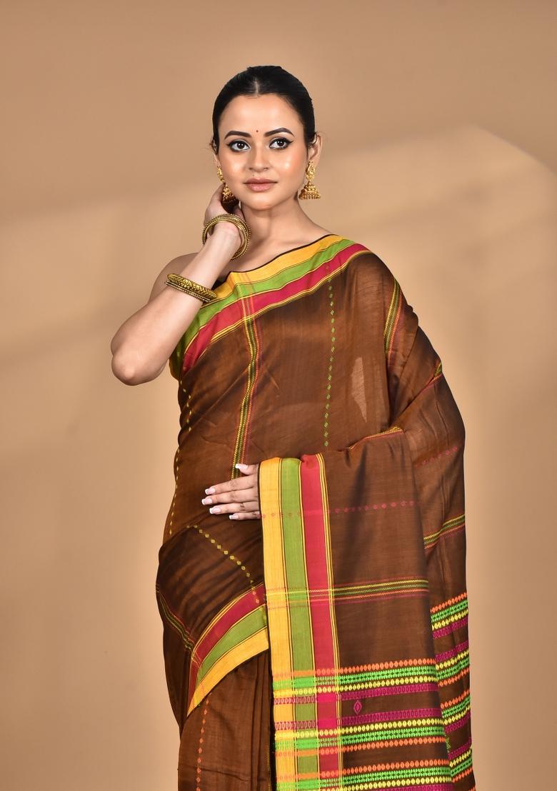 Brown Handloom Pure Cotton Saree Set