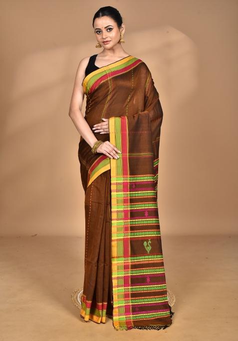 Brown Handloom Pure Cotton Saree Set