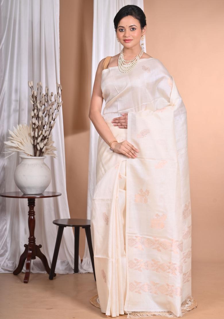Cream Handloom Pure Tussar Silk Saree Set