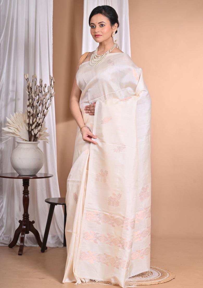 Cream Handloom Pure Tussar Silk Saree Set