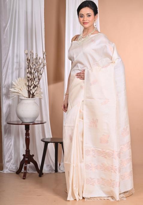 Cream Handloom Pure Tussar Silk Saree Set
