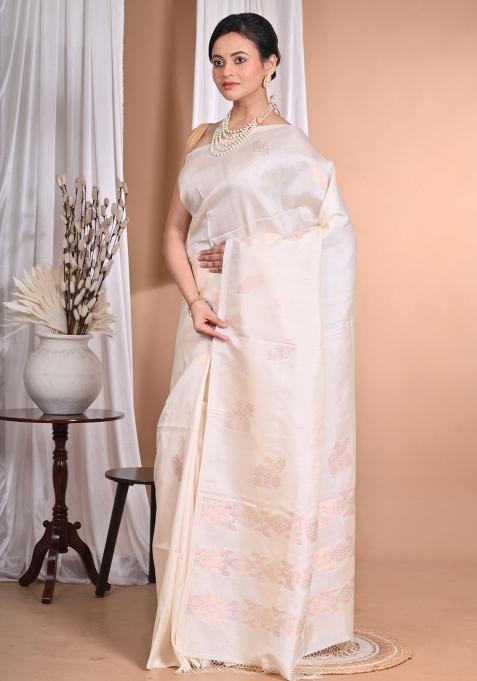 Cream Handloom Pure Tussar Silk Saree Set