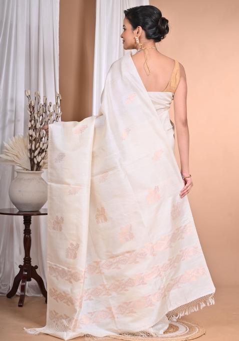 Cream Handloom Pure Tussar Silk Saree Set