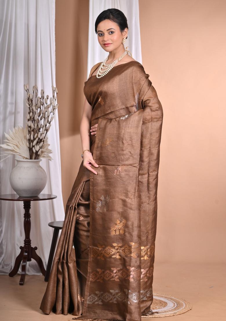 Coffee Brown Handloom Pure Tussar Silk Saree Set
