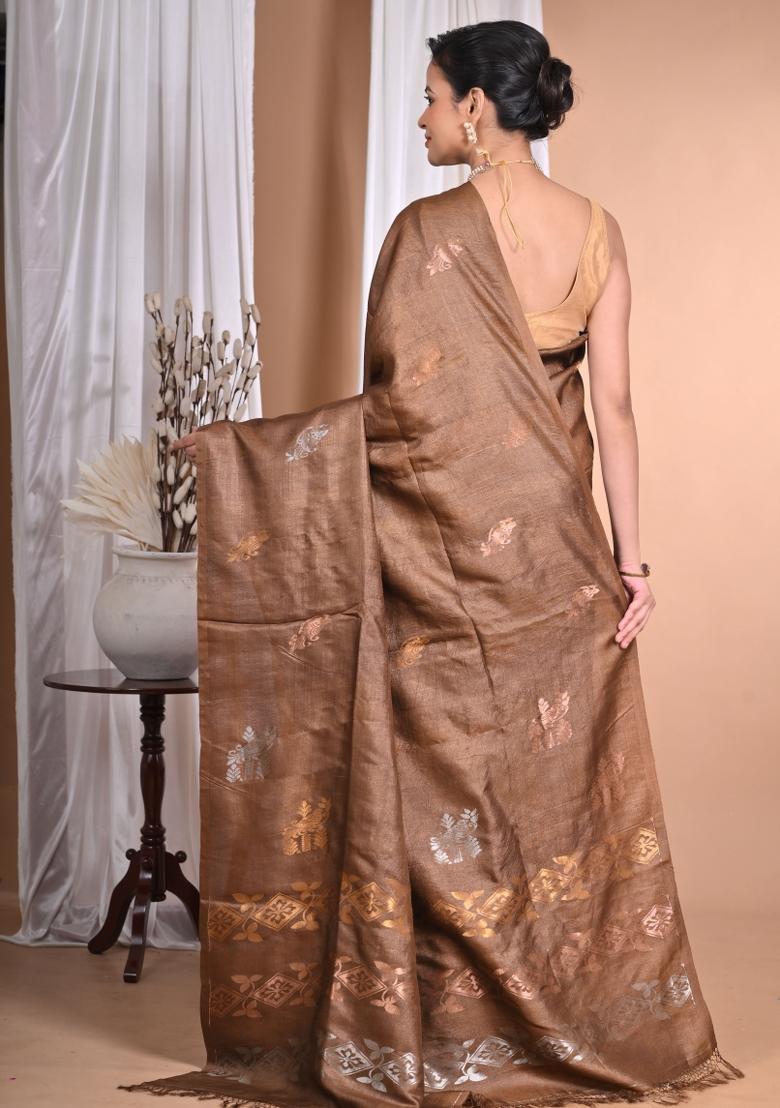 Coffee Brown Handloom Pure Tussar Silk Saree Set
