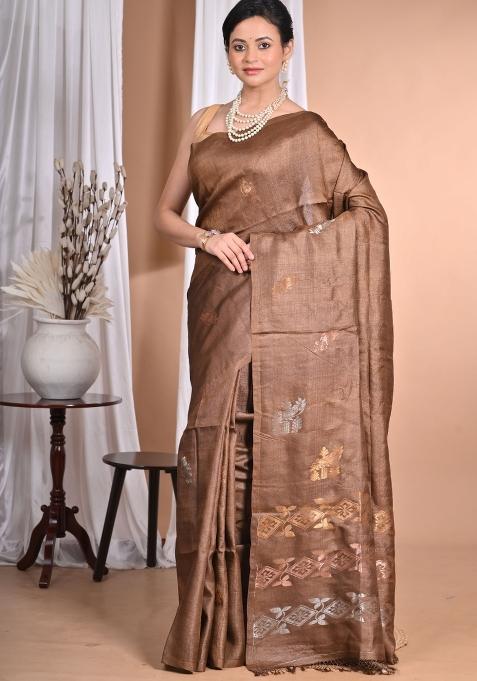 Coffee Brown Handloom Pure Tussar Silk Saree Set