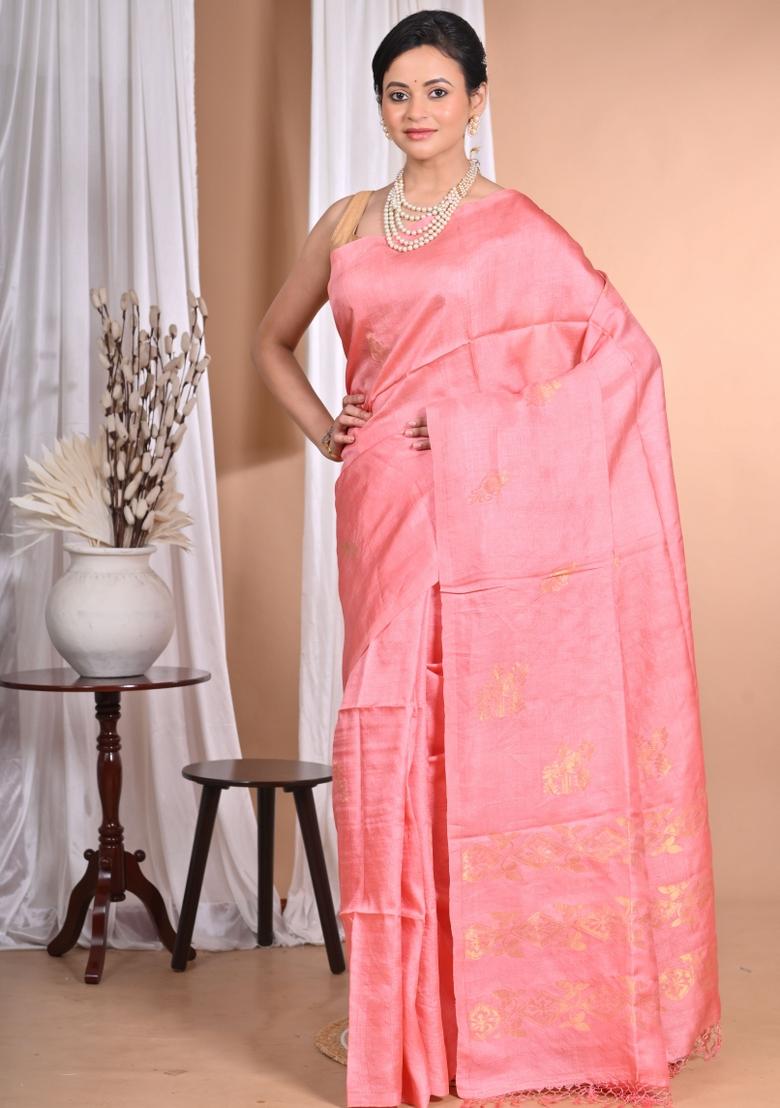 Pink Handloom Pure Tussar Silk Saree Set