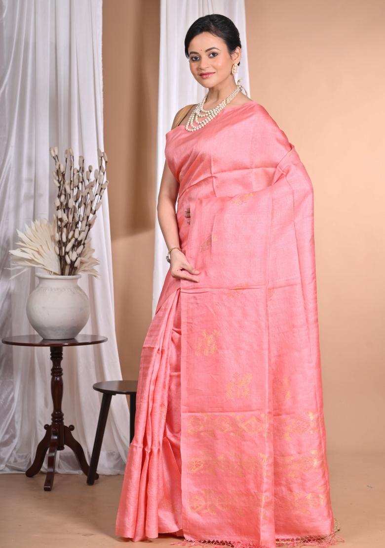 Pink Handloom Pure Tussar Silk Saree Set
