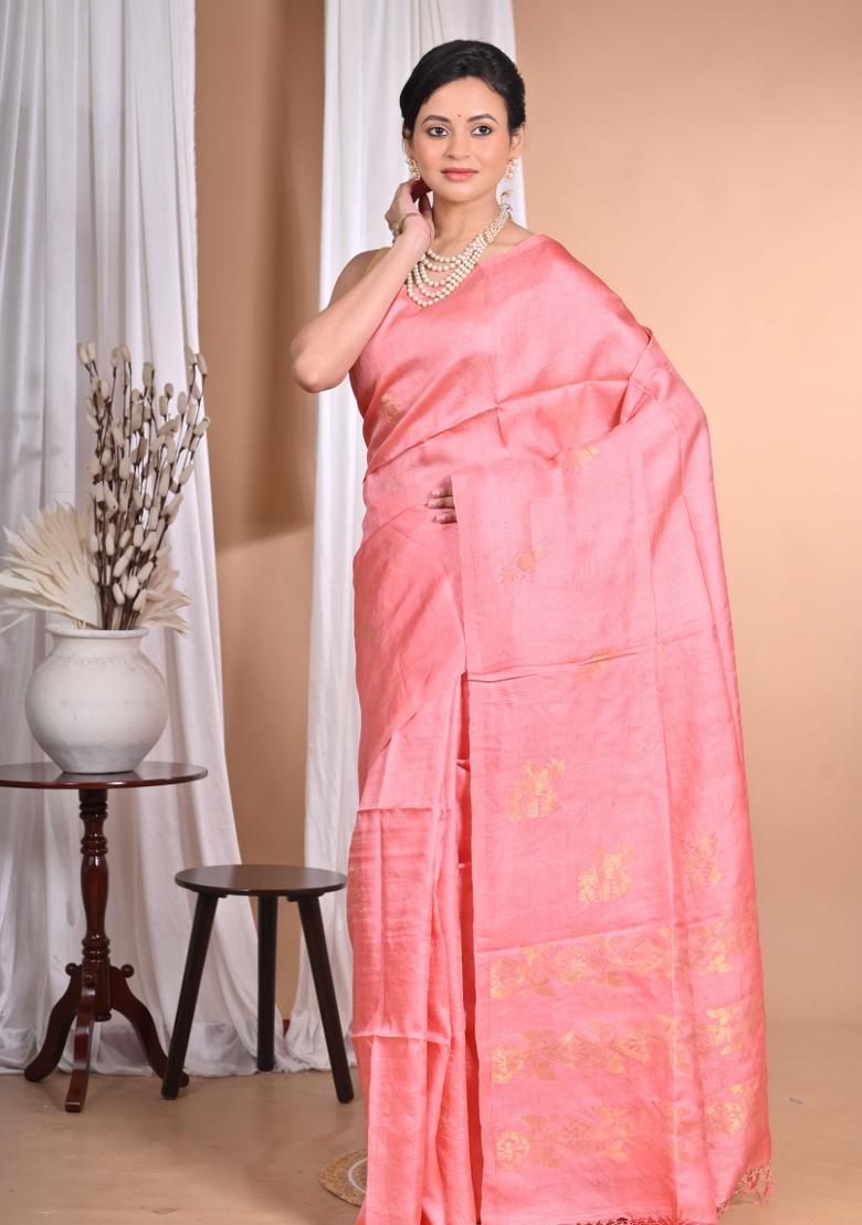 Pink Handloom Pure Tussar Silk Saree Set