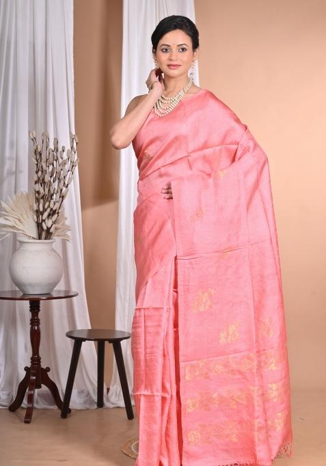 Pink Handloom Pure Tussar Silk Saree Set
