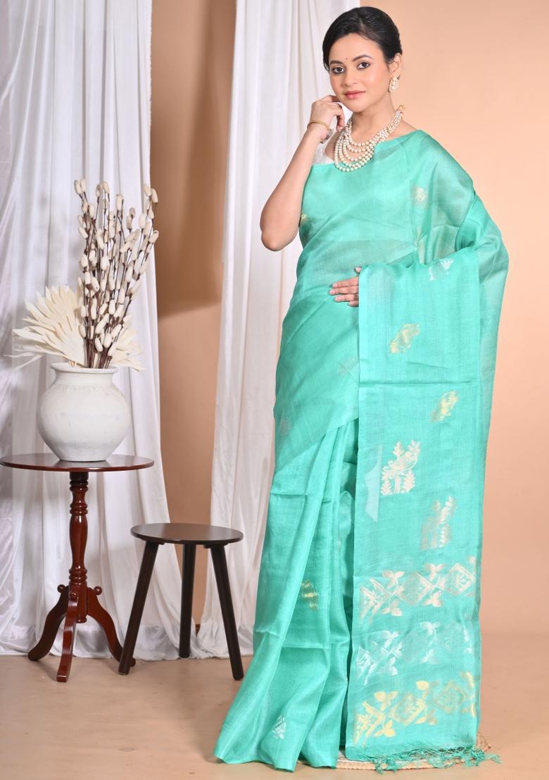 Light Green Handloom Pure Tussar Silk Saree Set