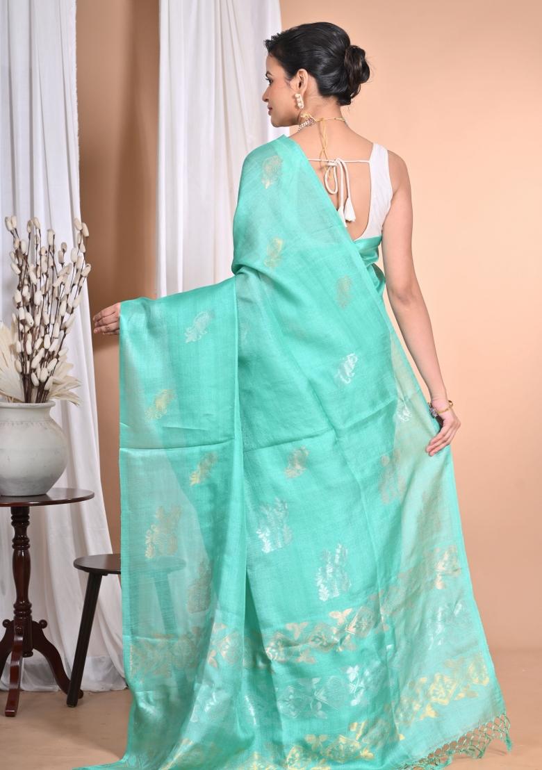 Light Green Handloom Pure Tussar Silk Saree Set