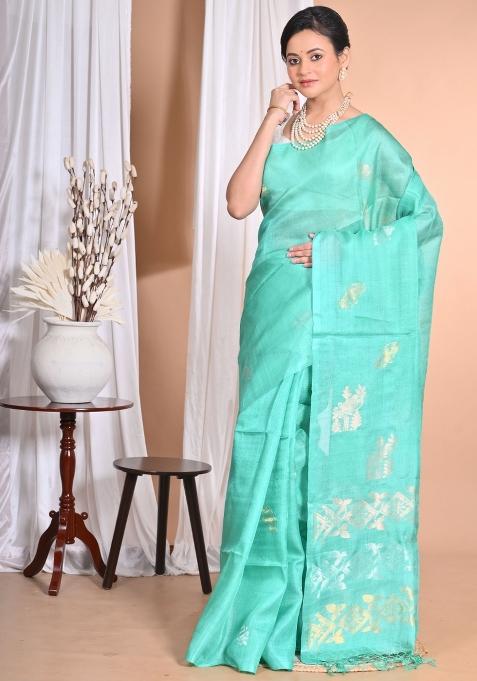 Light Green Handloom Pure Tussar Silk Saree Set