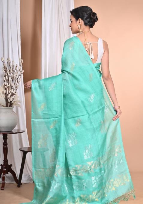 Light Green Handloom Pure Tussar Silk Saree Set