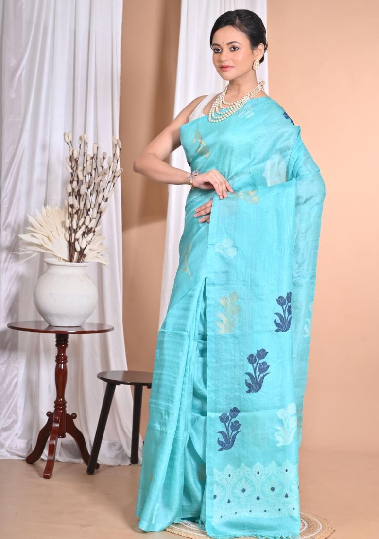 Sky Blue Handloom Pure Tussar Silk Saree Set
