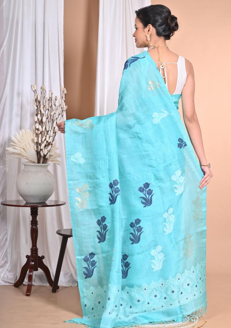 Sky Blue Handloom Pure Tussar Silk Saree Set