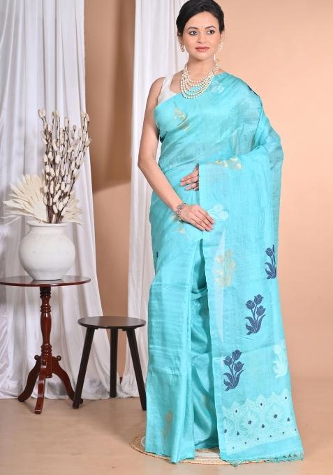 Sky Blue Handloom Pure Tussar Silk Saree Set