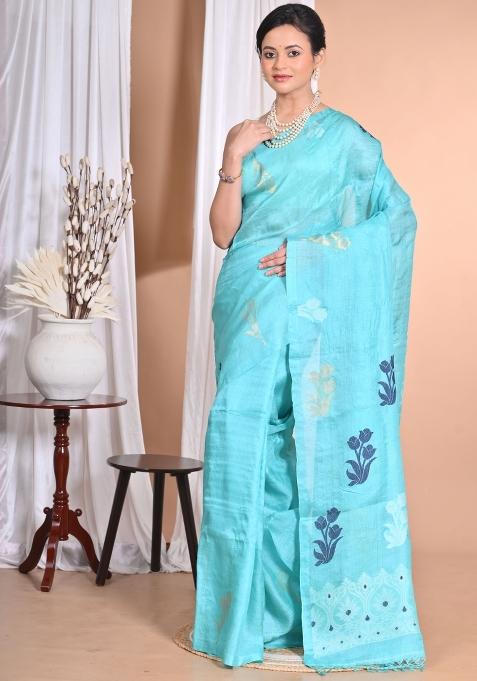 Sky Blue Handloom Pure Tussar Silk Saree Set