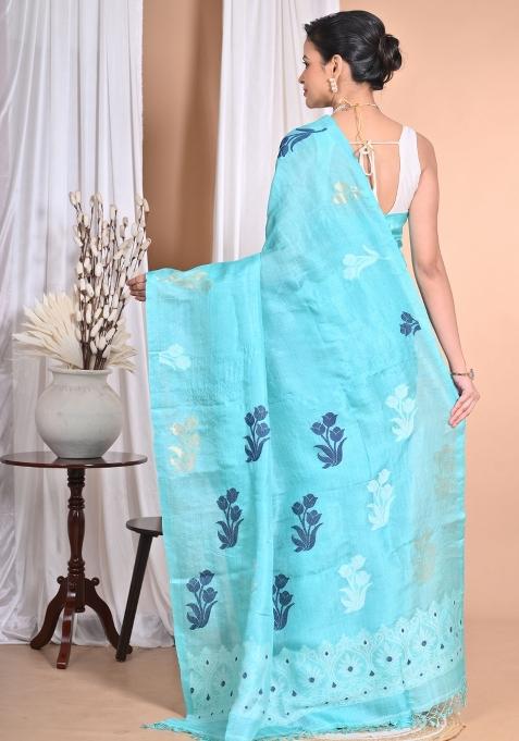 Sky Blue Handloom Pure Tussar Silk Saree Set