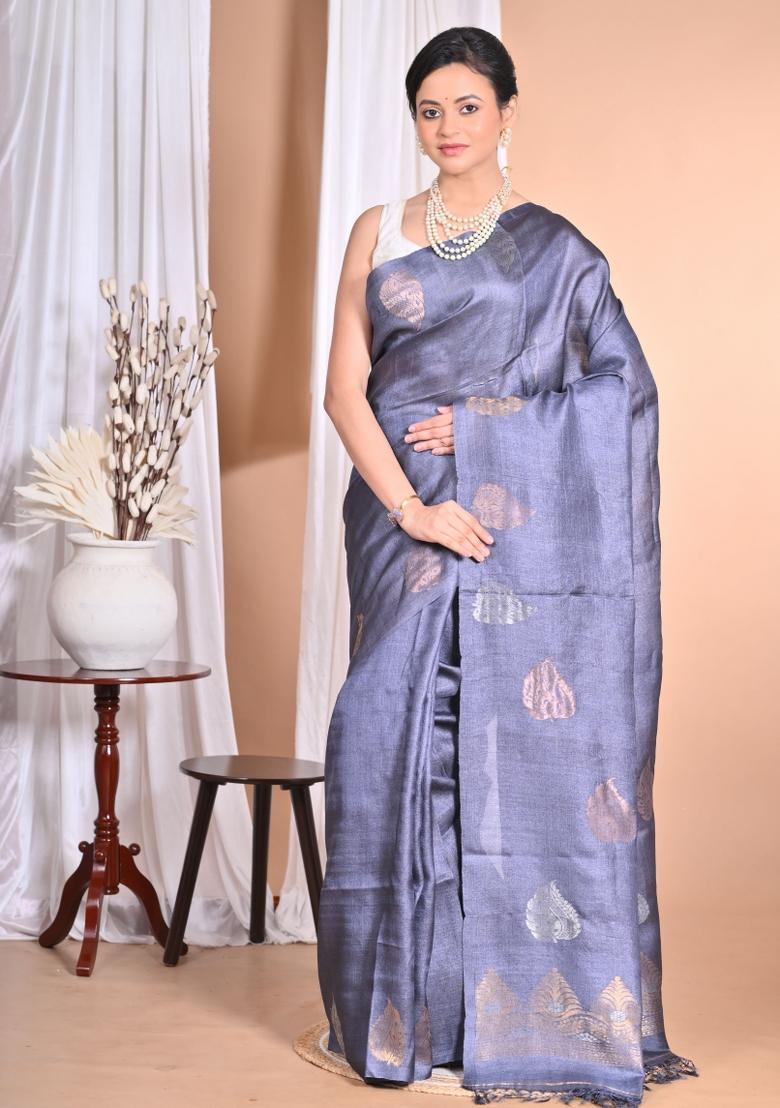 Grey Handloom Pure Tussar Silk Saree Set