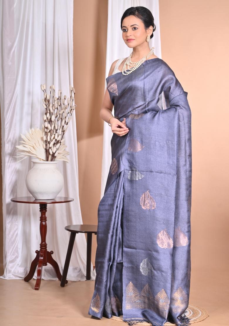 Grey Handloom Pure Tussar Silk Saree Set