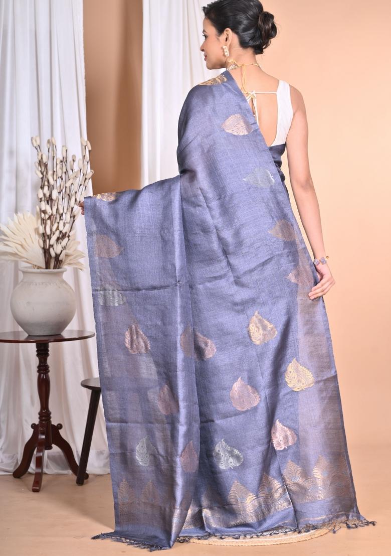 Grey Handloom Pure Tussar Silk Saree Set