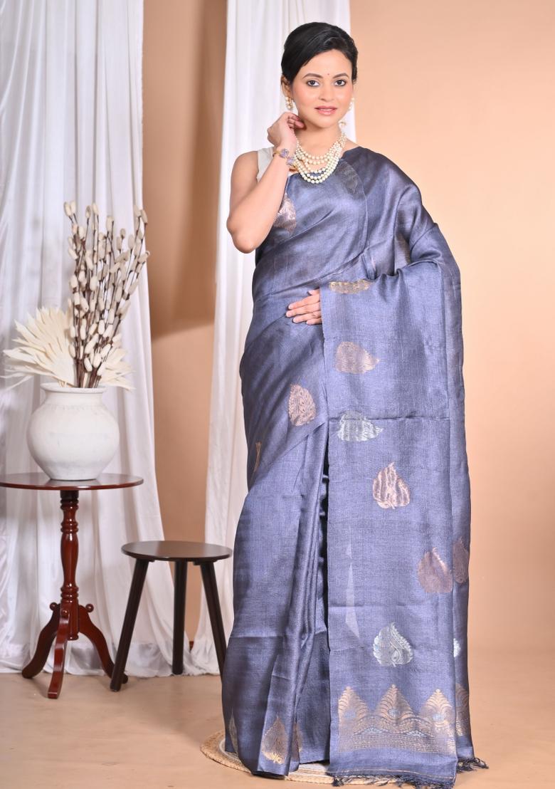 Grey Handloom Pure Tussar Silk Saree Set