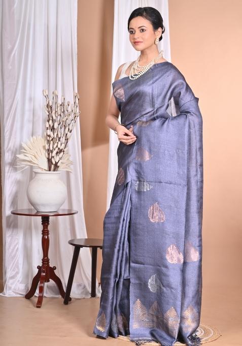 Grey Handloom Pure Tussar Silk Saree Set