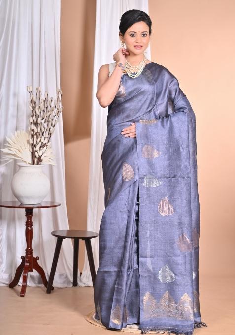Grey Handloom Pure Tussar Silk Saree Set