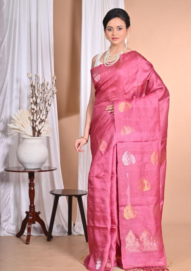 Pink Handloom Pure Tussar Silk Saree Set