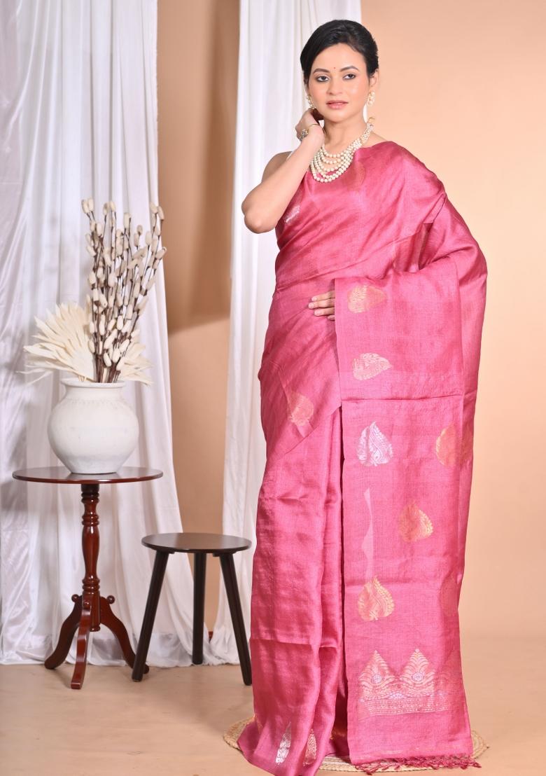 Pink Handloom Pure Tussar Silk Saree Set