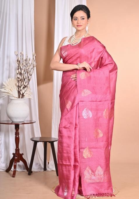 Pink Handloom Pure Tussar Silk Saree Set