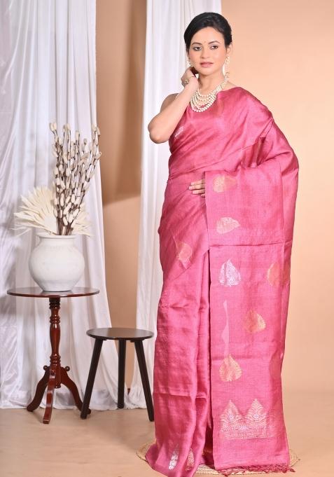 Pink Handloom Pure Tussar Silk Saree Set