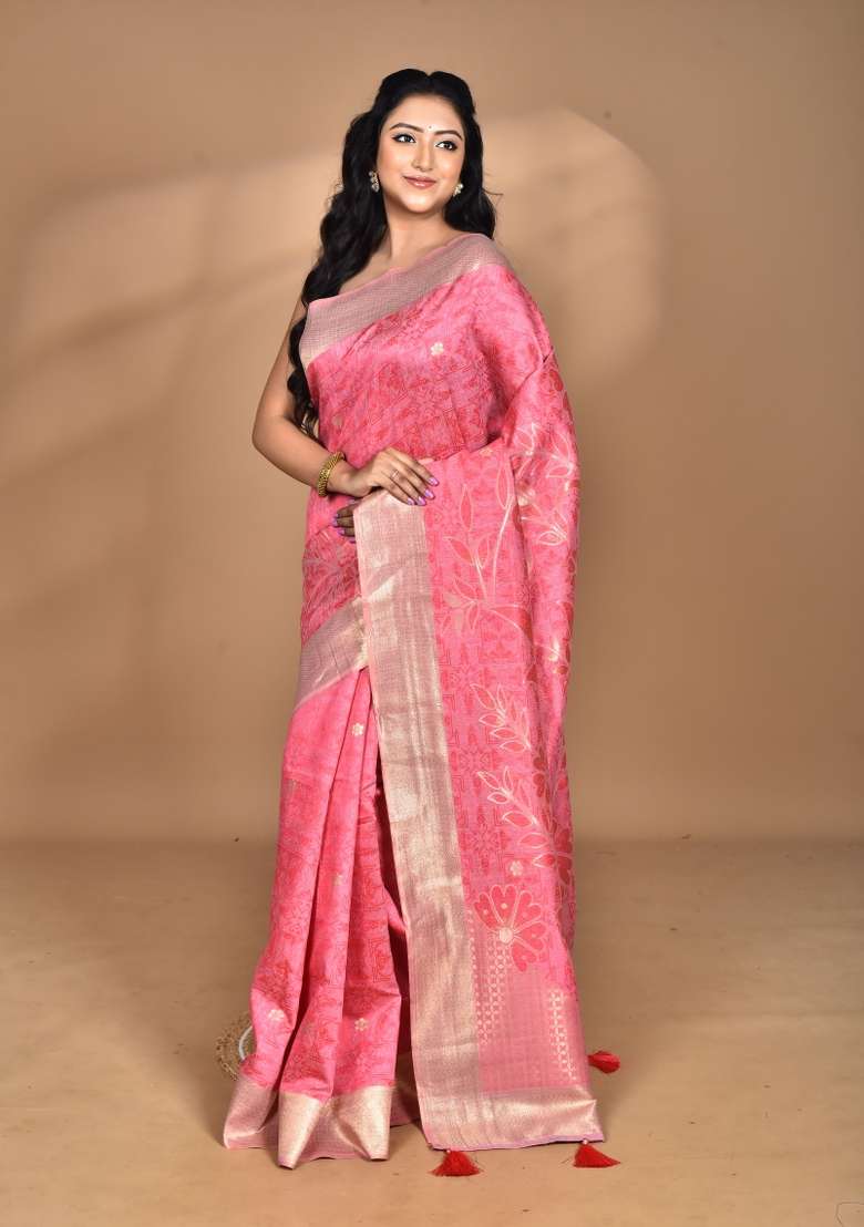 Pink Handloom Sami Silk Blend Saree Set for Diwali and Festive Wear - Indya