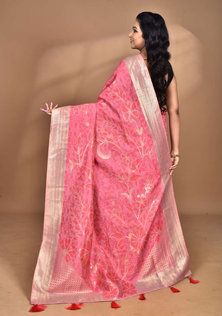 Pink Handloom Sami Silk Blend Saree Set for Diwali and Festive Wear - Indya