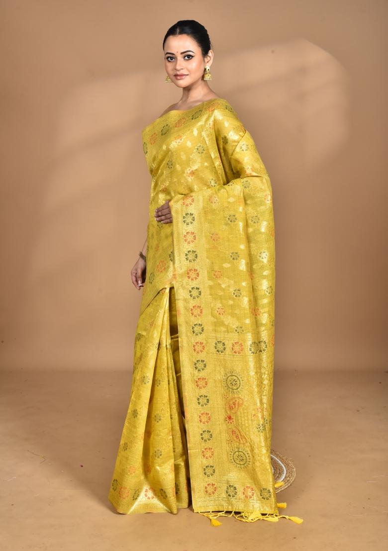 Yellow Banarsi Silk Chandari Saree Set