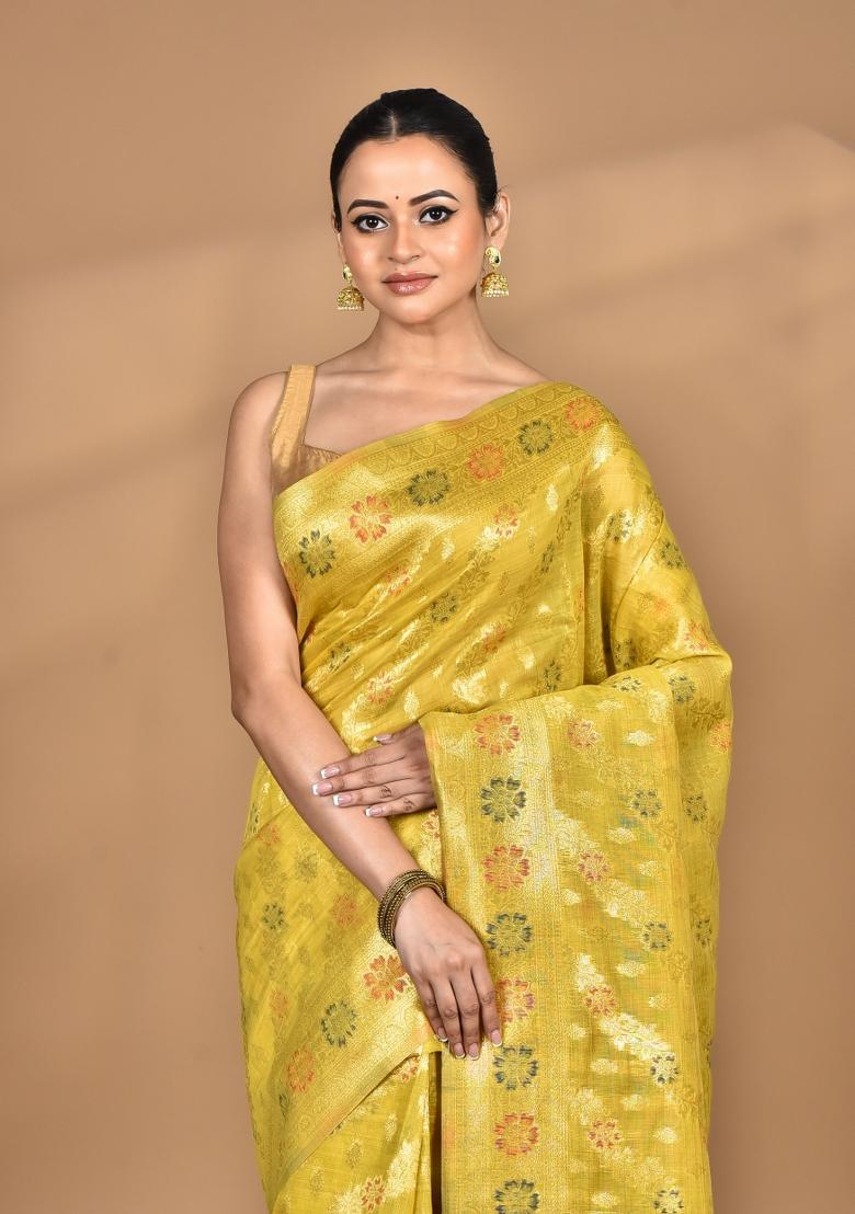 Yellow Banarsi Silk Chandari Saree Set