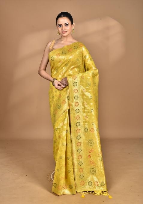 Yellow Banarsi Silk Chandari Saree Set