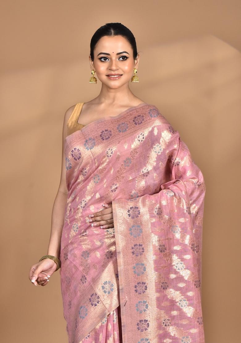 Pink Banarsi Silk Chandari Saree Set